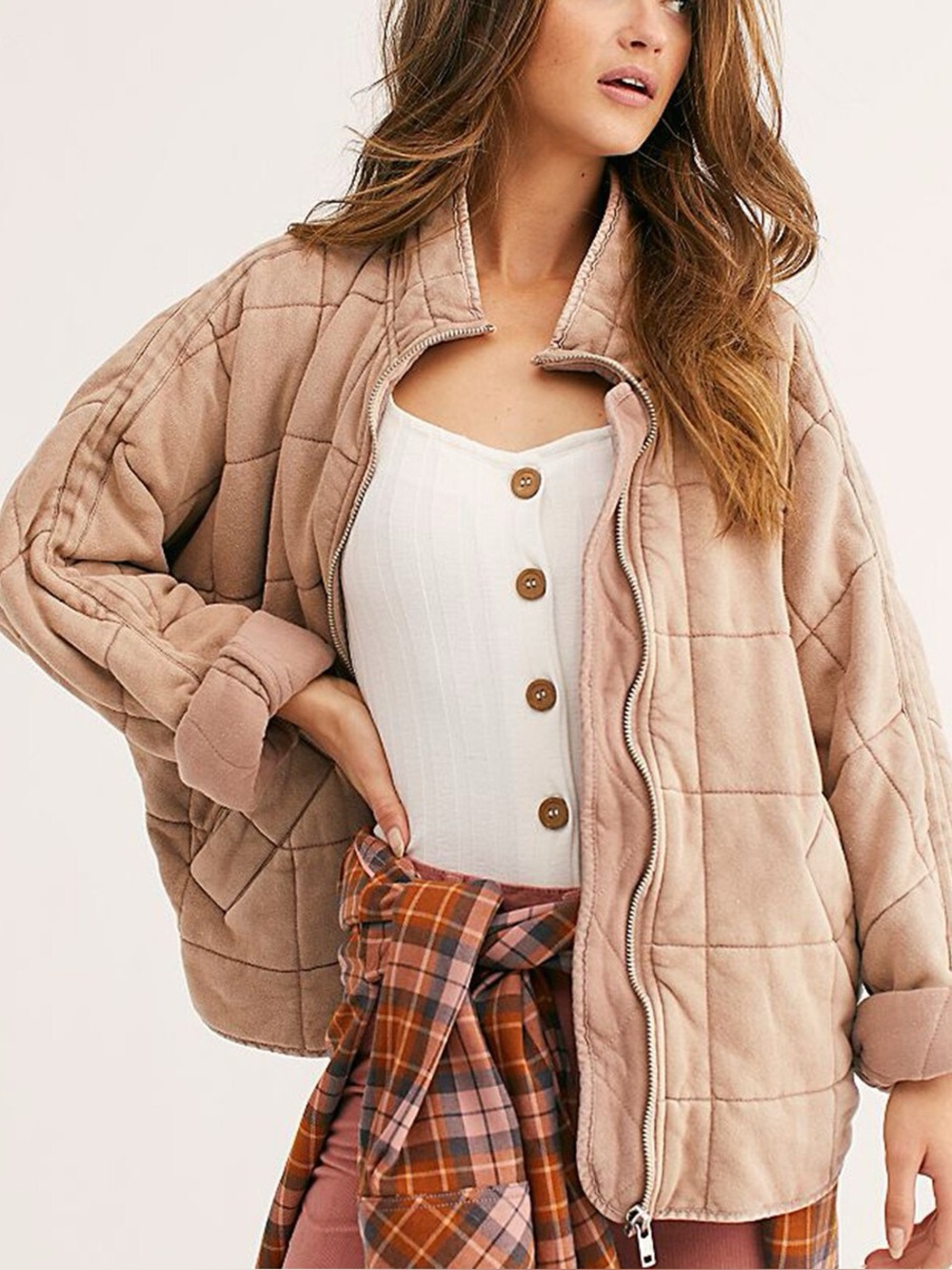 Free people dolman quilted jacket in champagne diamonds (L) - Picture 2 of 7